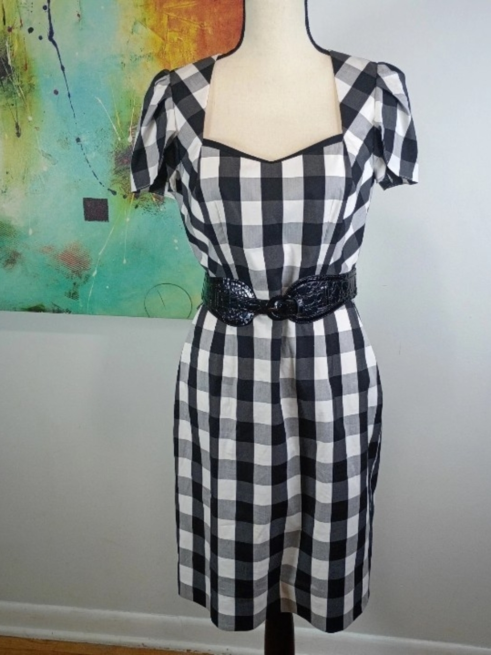 Antonio Melani Cap Sleeve Chic Black & White Belted Gingham Sheath Dress